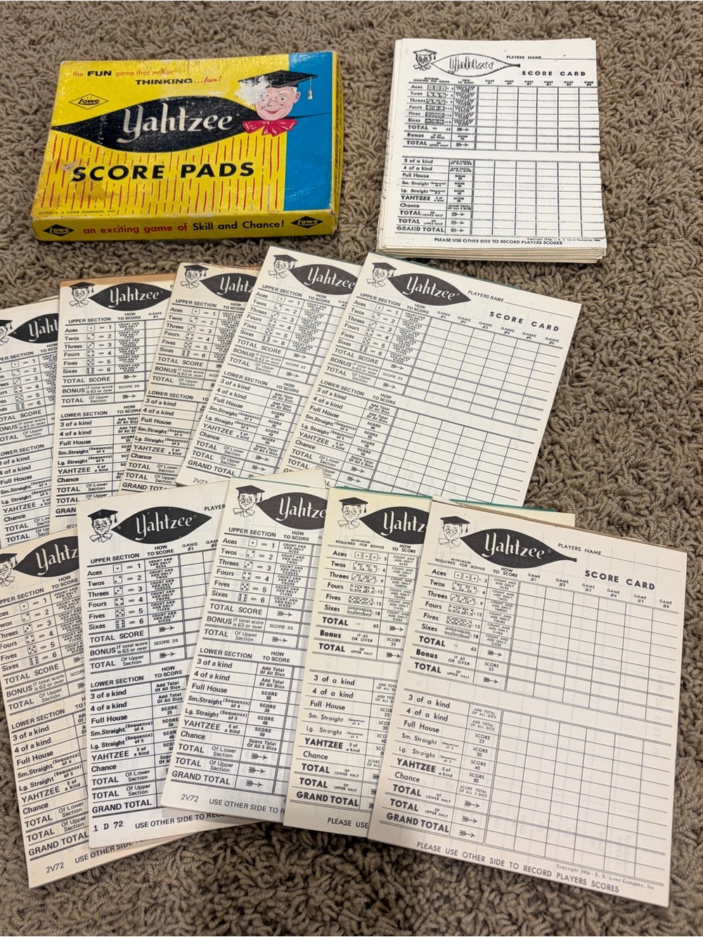 Vintage 1956 Yahtzee Score Pads Score Cards 10+ Count Lowe Company Original Box
